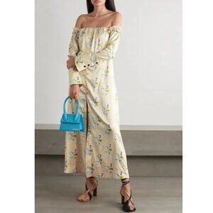 GANNI Yellow Recycled Polyester Midi Dress / Size 32 / Size 0 / Floral Rutabaga